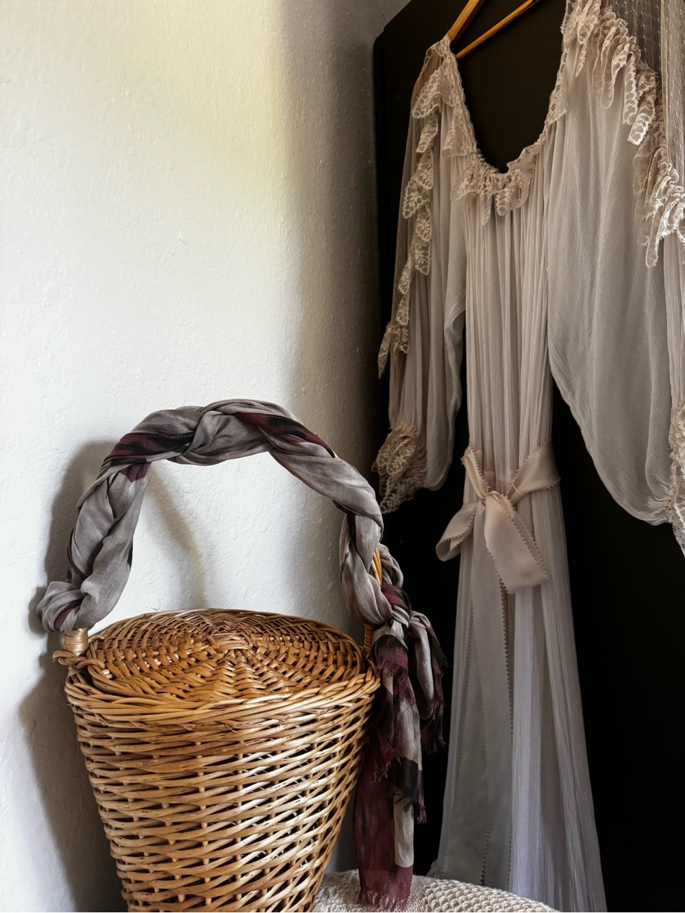 Woven Rattan Basket Handbag with Gray and Burgundy Scarf Accent - Picture 3 of 4